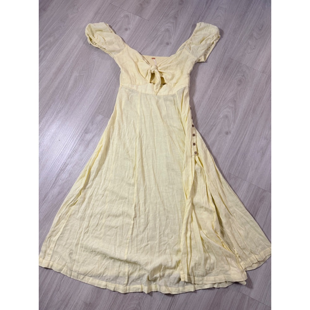 Free People Oasis Midi Dress Yellow Cotton Blend Tie Front Puff Sleeve Medium - Picture 2 of 13